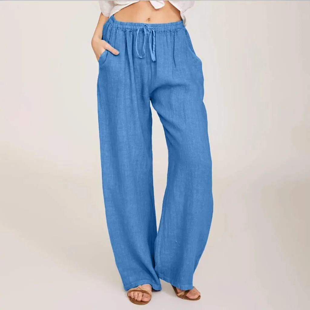 DASAYO Linen Pants Women Summer Wide Leg Pants Drawstring Elastic Waist Loose Palazzo Casual Boho Beach Trousers with Pcokets