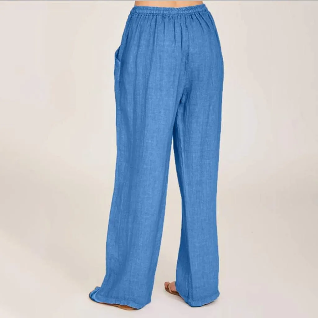 DASAYO Linen Pants Women Summer Wide Leg Pants Drawstring Elastic Waist Loose Palazzo Casual Boho Beach Trousers with Pcokets