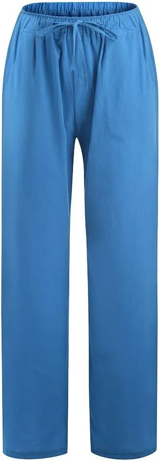 DASAYO Linen Pants Women Summer Wide Leg Pants Drawstring Elastic Waist Loose Palazzo Casual Boho Beach Trousers with Pcokets