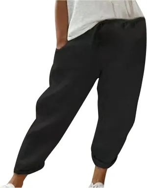 DASAYO Linen Pants Women Trendy Drawstring Elastic Waist Straight Leg Trousers Lightweight Comfy Besch Pants Summer Clothes