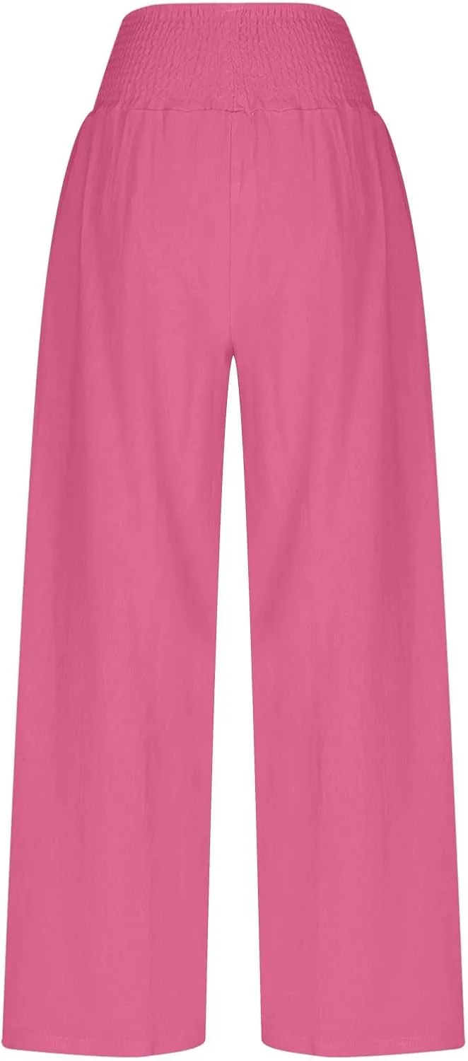 DASAYO Linen Pants Women Trendy Ruffle Elastic High Wasited Palazzo Pants Dressy Casual Summer Beach Trousers with Pockets