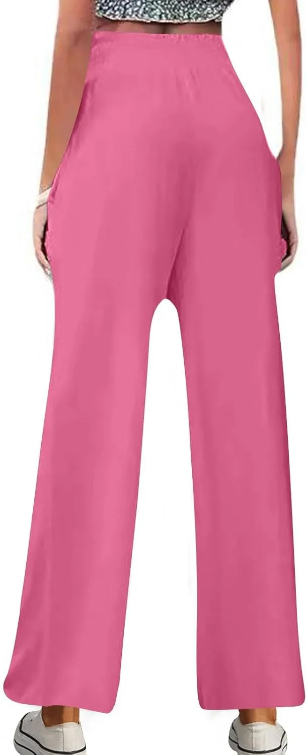 DASAYO Linen Pants Women Trendy Ruffle Elastic High Wasited Palazzo Pants Dressy Casual Summer Beach Trousers with Pockets