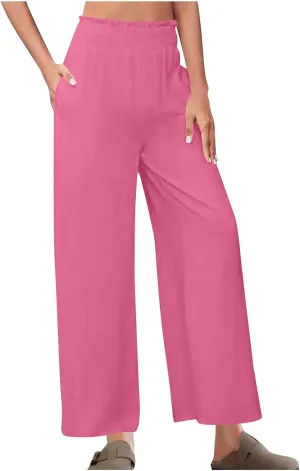 DASAYO Linen Pants Women Trendy Ruffle Elastic High Wasited Palazzo Pants Dressy Casual Summer Beach Trousers with Pockets