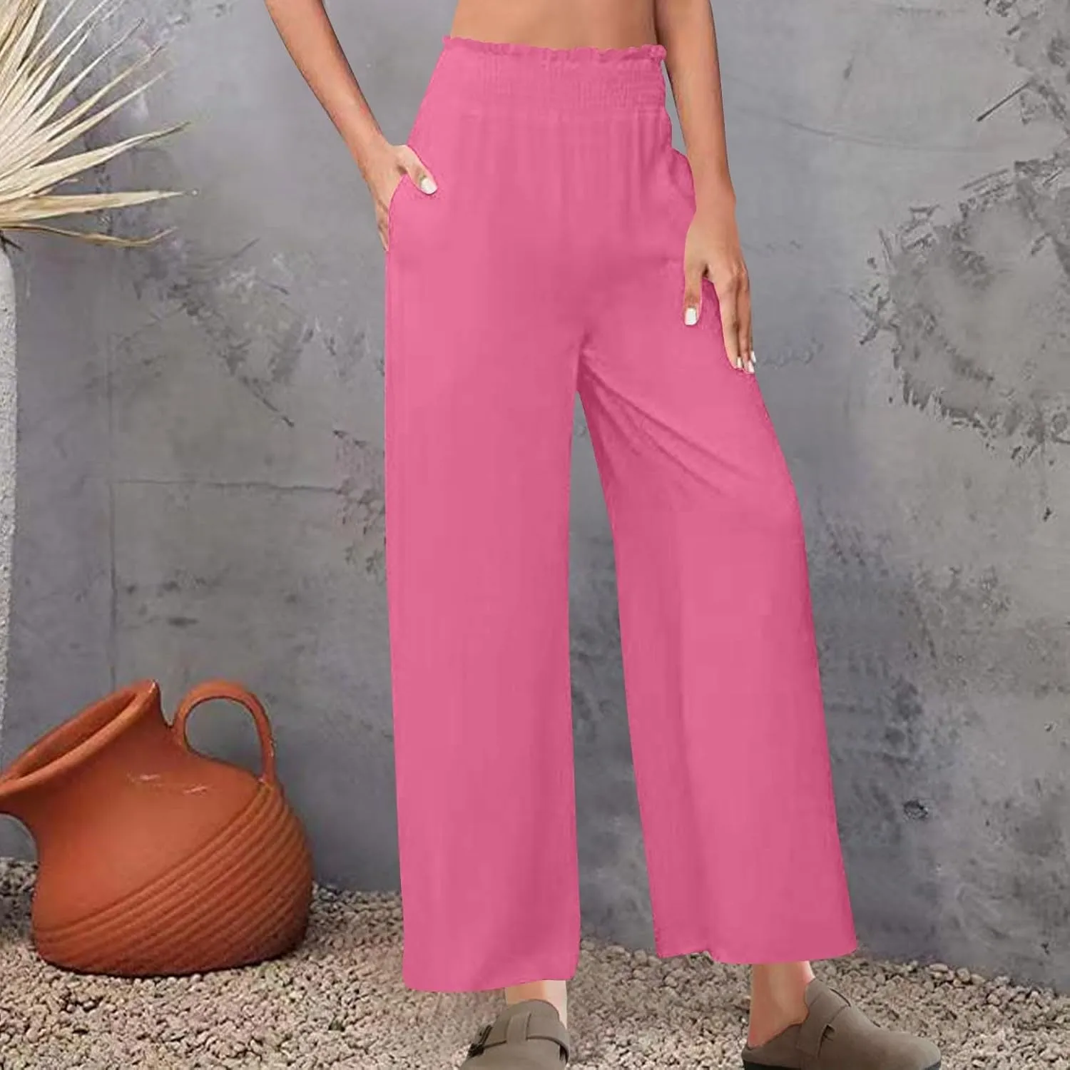 DASAYO Linen Pants Women Trendy Ruffle Elastic High Wasited Palazzo Pants Dressy Casual Summer Beach Trousers with Pockets