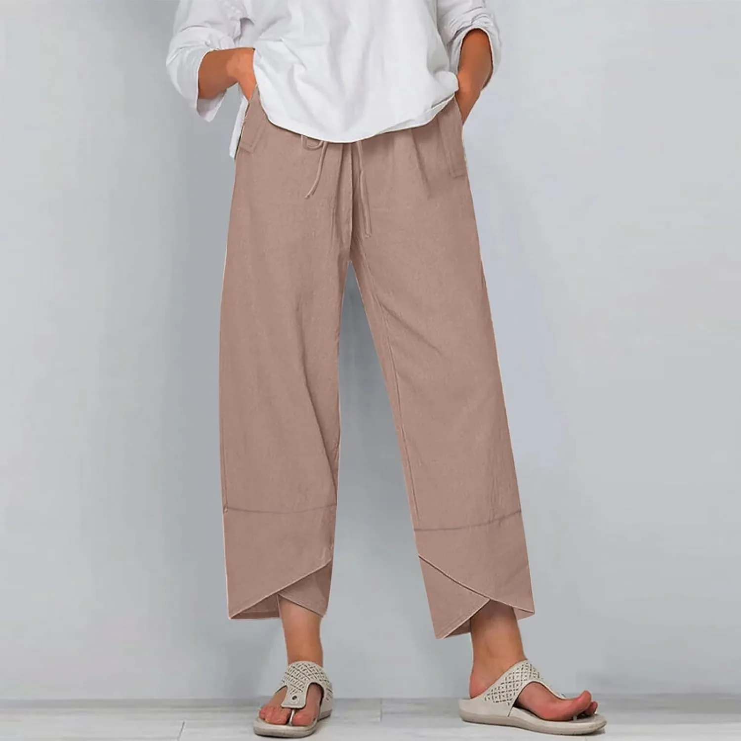 DASAYO Summer Pants for Women Trendy Drawstringg Elastic Wasit Linen Pants Casual Loose Straight Leg Trousers with Pockets