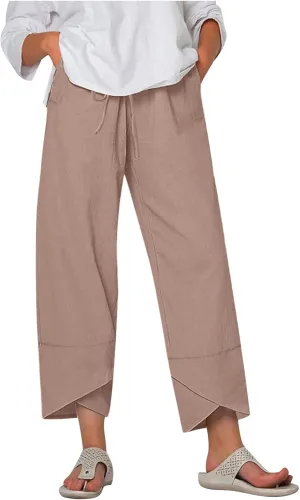 DASAYO Summer Pants for Women Trendy Drawstringg Elastic Wasit Linen Pants Casual Loose Straight Leg Trousers with Pockets