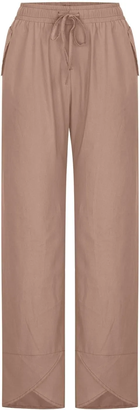 DASAYO Summer Pants for Women Trendy Drawstringg Elastic Wasit Linen Pants Casual Loose Straight Leg Trousers with Pockets