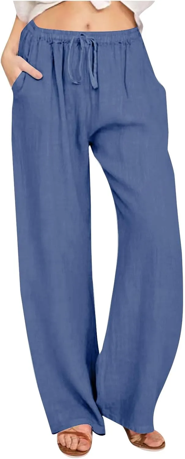 DASAYO Womens Linen Palazzo Pants Summer Casual Boho Wide Leg Drawstring High Waist Loose Fit Beach Trousers with Pockets