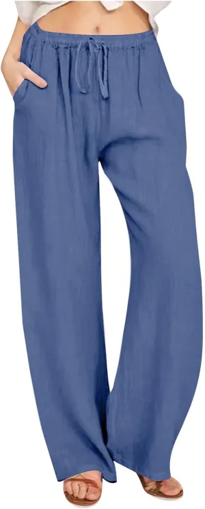 DASAYO Womens Linen Palazzo Pants Summer Casual Boho Wide Leg Drawstring High Waist Loose Fit Beach Trousers with Pockets