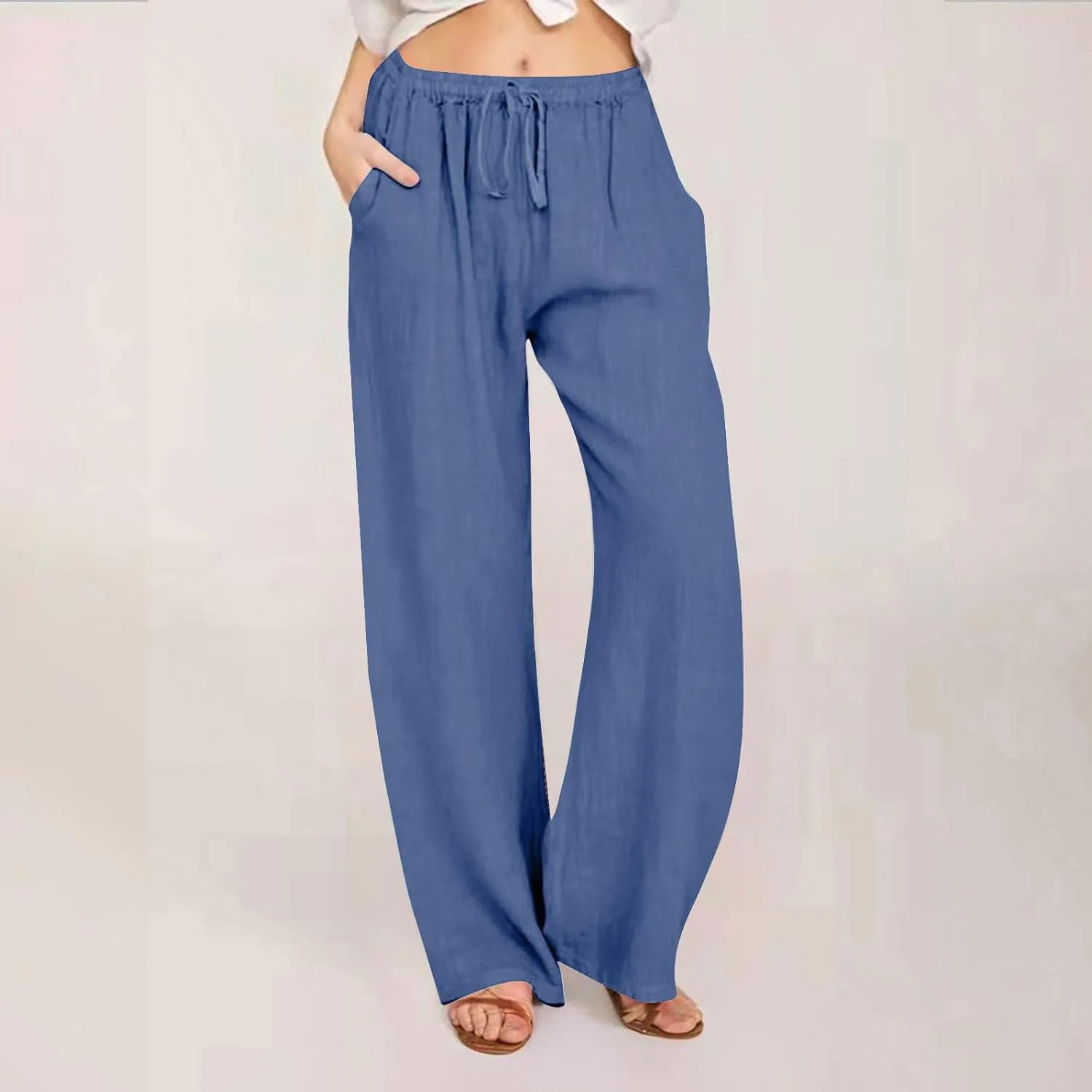 DASAYO Womens Linen Palazzo Pants Summer Casual Boho Wide Leg Drawstring High Waist Loose Fit Beach Trousers with Pockets