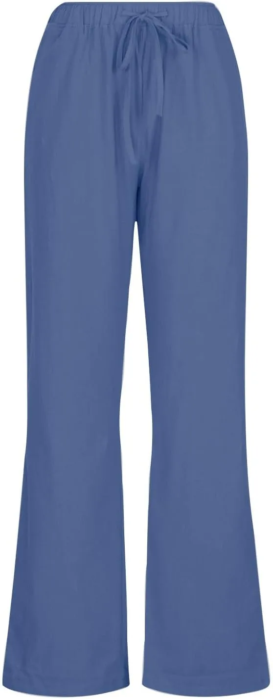 DASAYO Womens Linen Palazzo Pants Summer Casual Boho Wide Leg Drawstring High Waist Loose Fit Beach Trousers with Pockets
