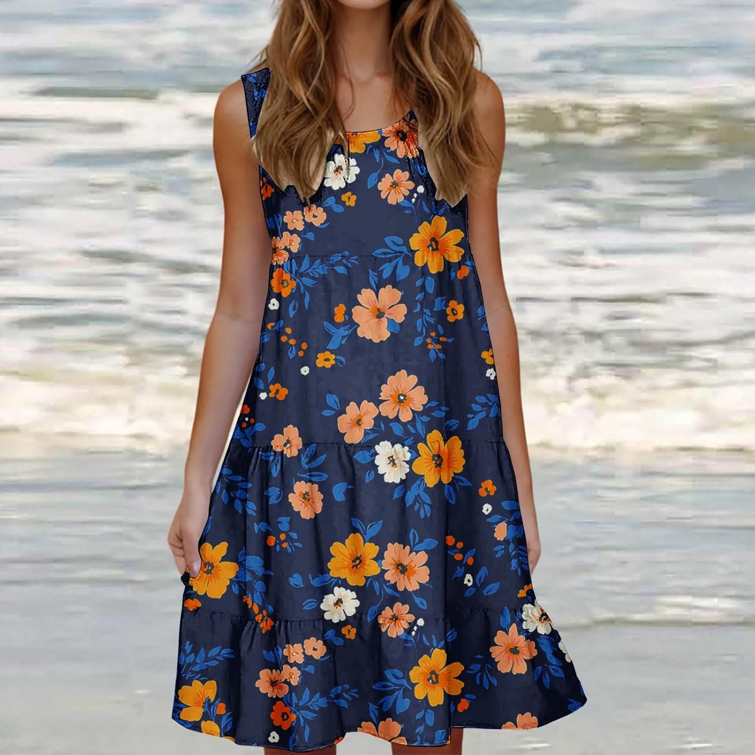 DDAPJ pyju Summer Dresses for Women 2025 Cute Floral Print Sleeveless Tank Dress Ruffle Tiered Loose Flowy Mini Dress