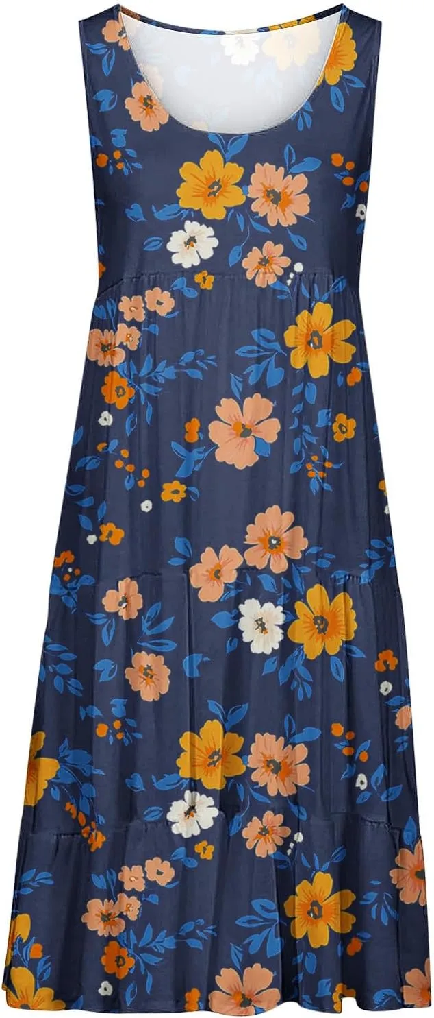 DDAPJ pyju Summer Dresses for Women 2025 Cute Floral Print Sleeveless Tank Dress Ruffle Tiered Loose Flowy Mini Dress