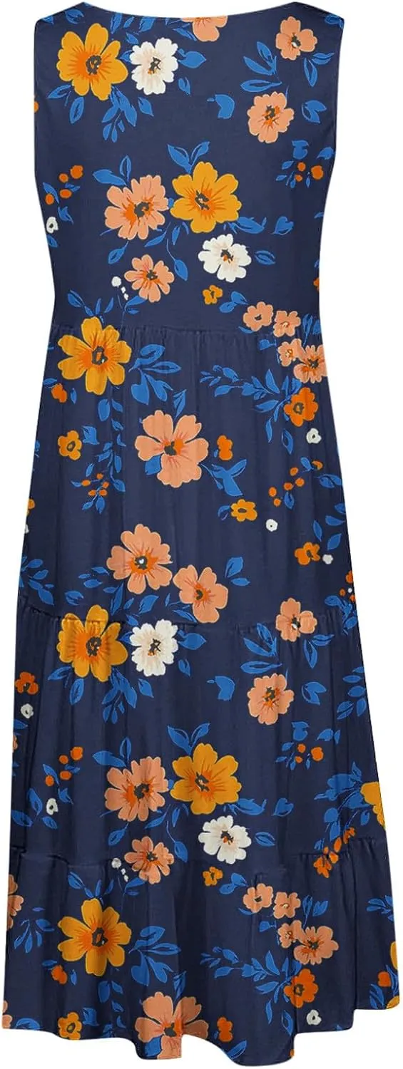 DDAPJ pyju Summer Dresses for Women 2025 Cute Floral Print Sleeveless Tank Dress Ruffle Tiered Loose Flowy Mini Dress