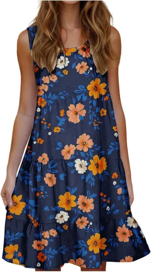 DDAPJ pyju Summer Dresses for Women 2025 Cute Floral Print Sleeveless Tank Dress Ruffle Tiered Loose Flowy Mini Dress