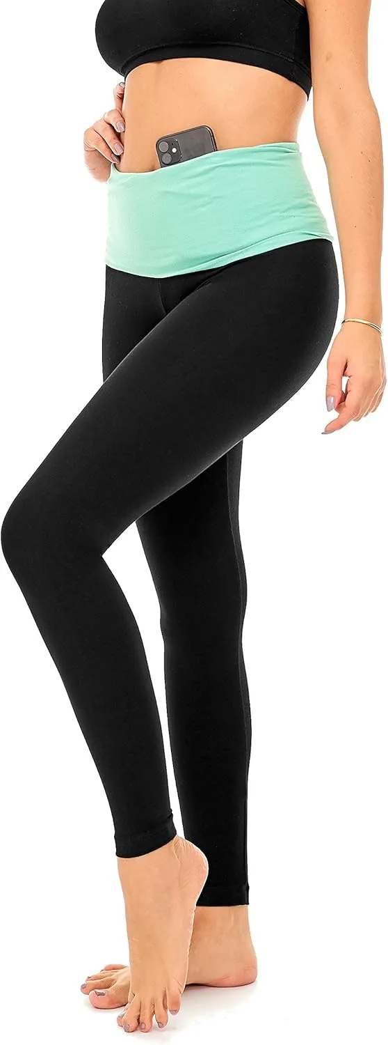 DEAR SPARKLE Fold Over Yoga Pants for Women Cotton Leggings Foldover High Waist Leggings Plus Size (C6 F)