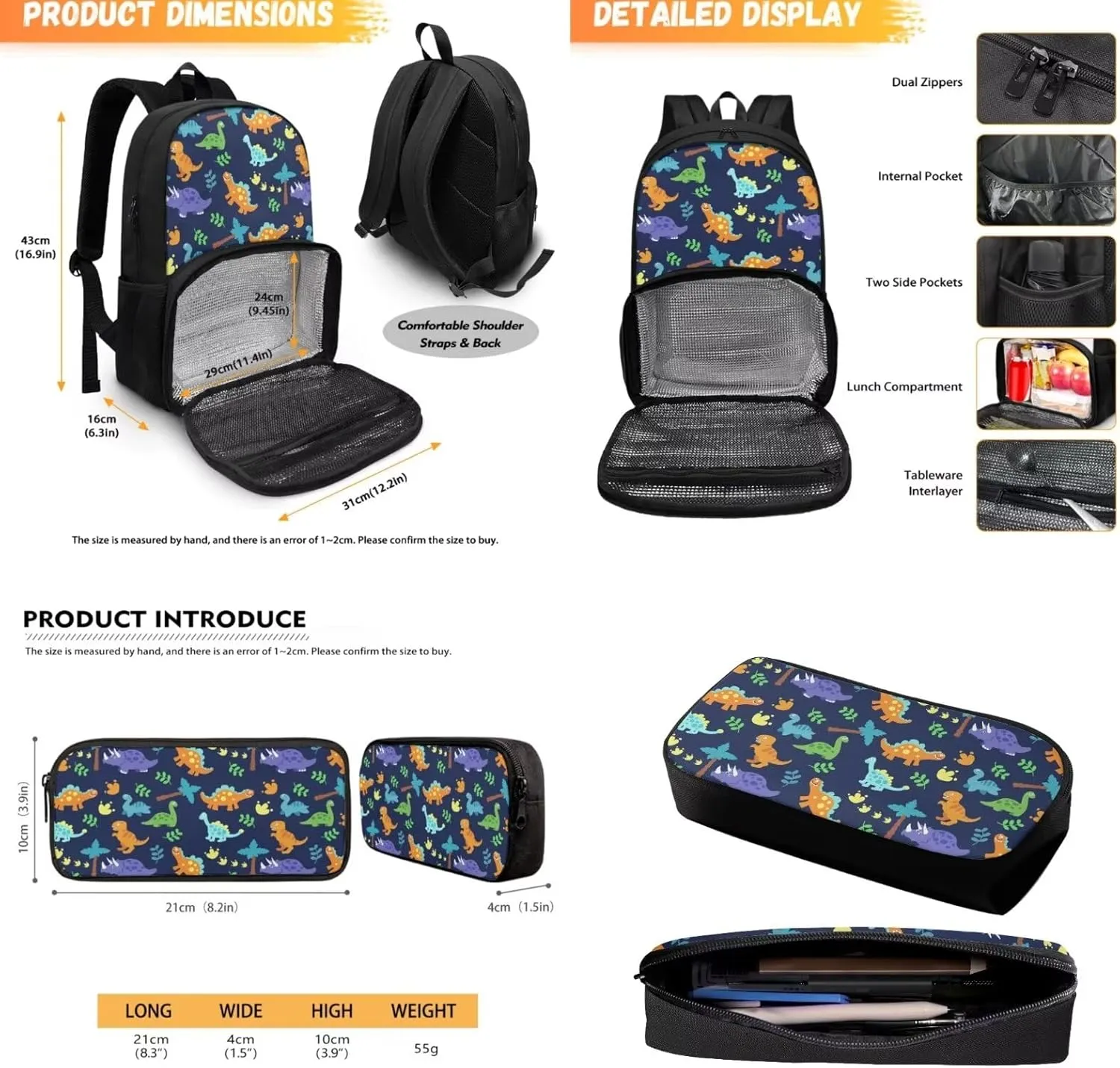 Dinosaur Backpack and Lunch Box Set Boys Pencil Case Lunch Backpack Cooler Backpack Insulated Waterproof School Bag for Middle High School Bookbag