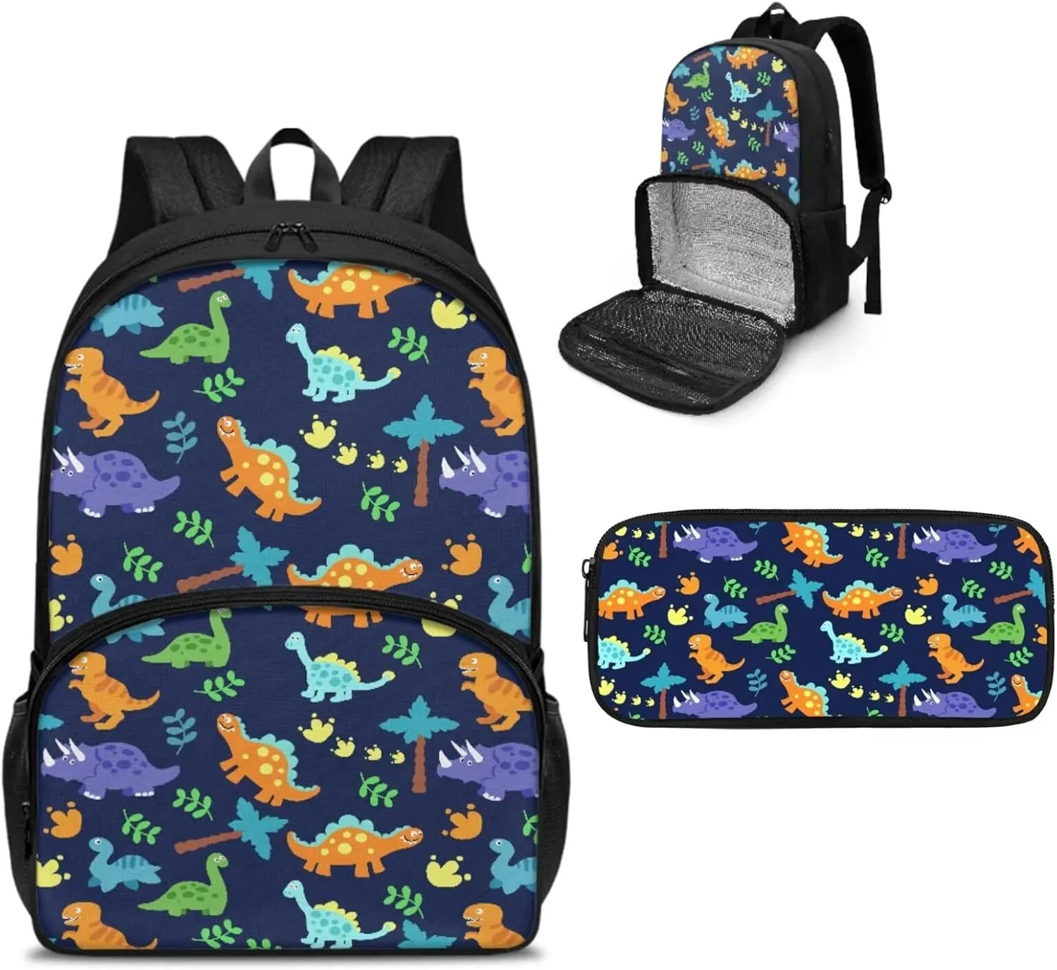 Dinosaur Backpack and Lunch Box Set Boys Pencil Case Lunch Backpack Cooler Backpack Insulated Waterproof School Bag for Middle High School Bookbag
