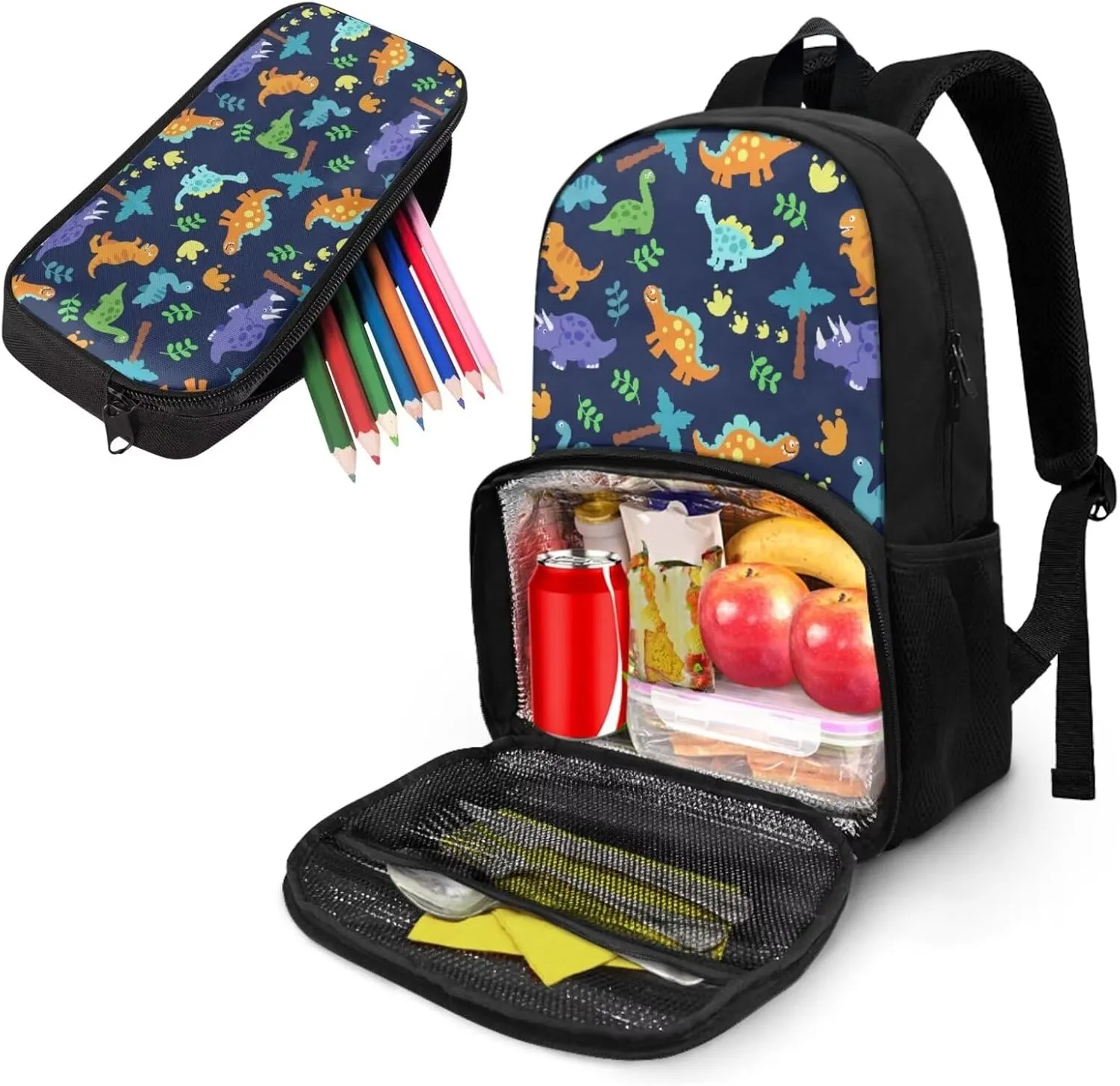 Dinosaur Backpack and Lunch Box Set Boys Pencil Case Lunch Backpack Cooler Backpack Insulated Waterproof School Bag for Middle High School Bookbag