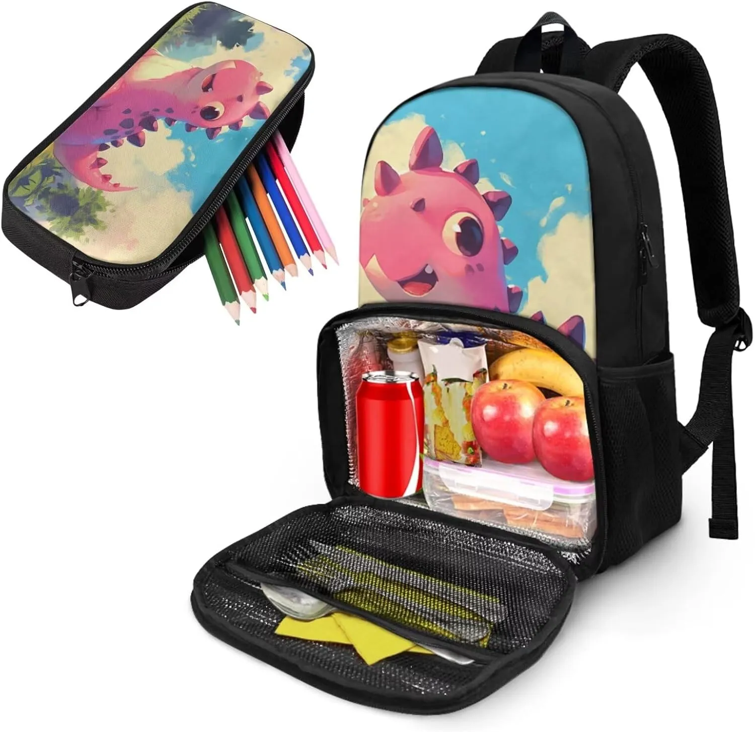 Dinosaur Backpack Toddler Boy Bookbag with Lunch Box Compartment Preschool Elementary Kindergarten Backpack for Girls Book Bag Set Kawaii Pencil Box for Boys School Bag