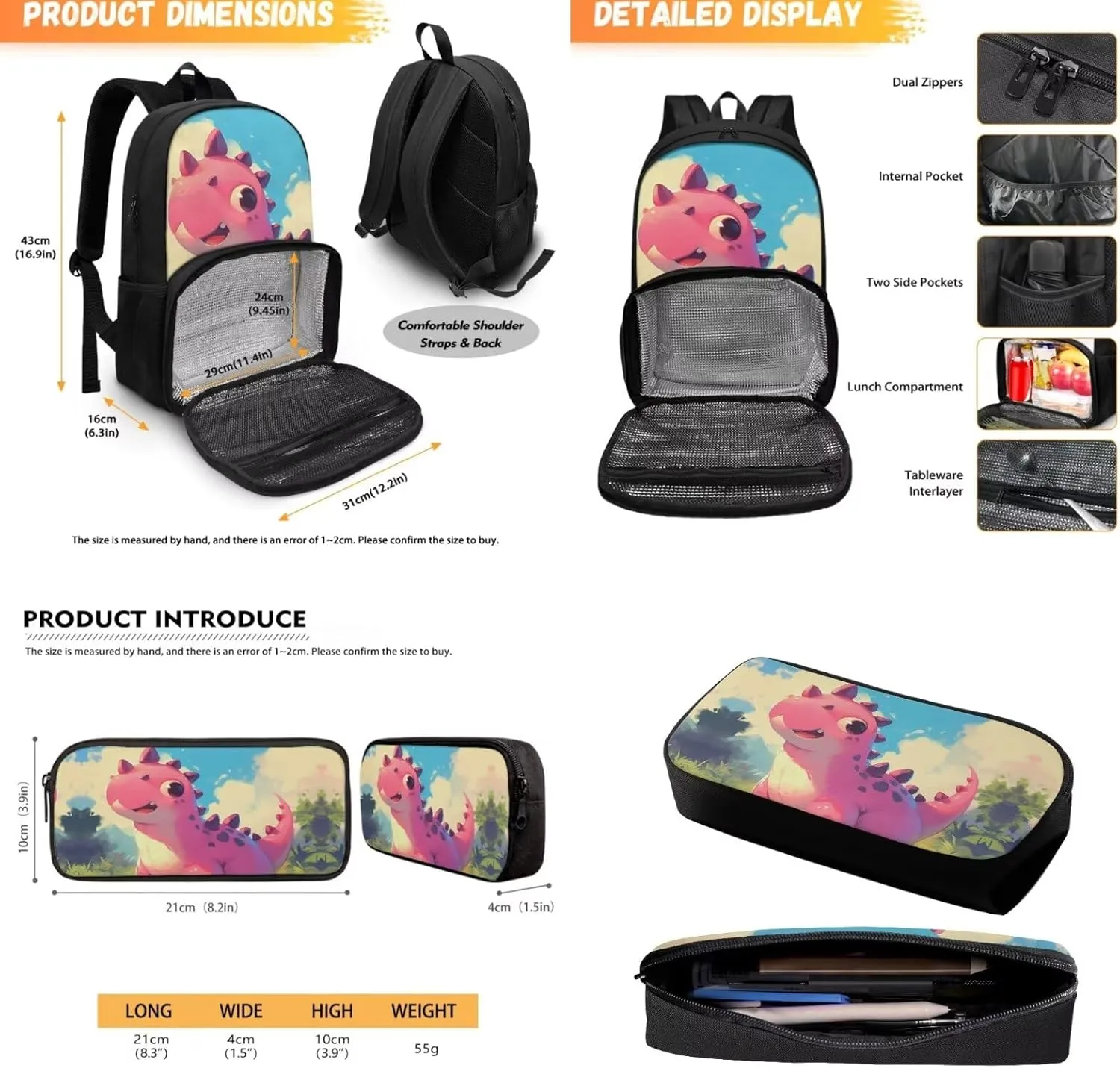 Dinosaur Backpack Toddler Boy Bookbag with Lunch Box Compartment Preschool Elementary Kindergarten Backpack for Girls Book Bag Set Kawaii Pencil Box for Boys School Bag