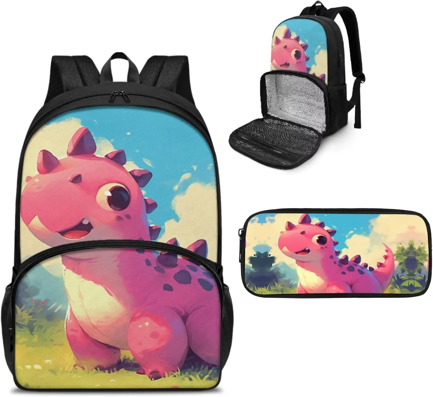 Dinosaur Backpack Toddler Boy Bookbag with Lunch Box Compartment Preschool Elementary Kindergarten Backpack for Girls Book Bag Set Kawaii Pencil Box for Boys School Bag