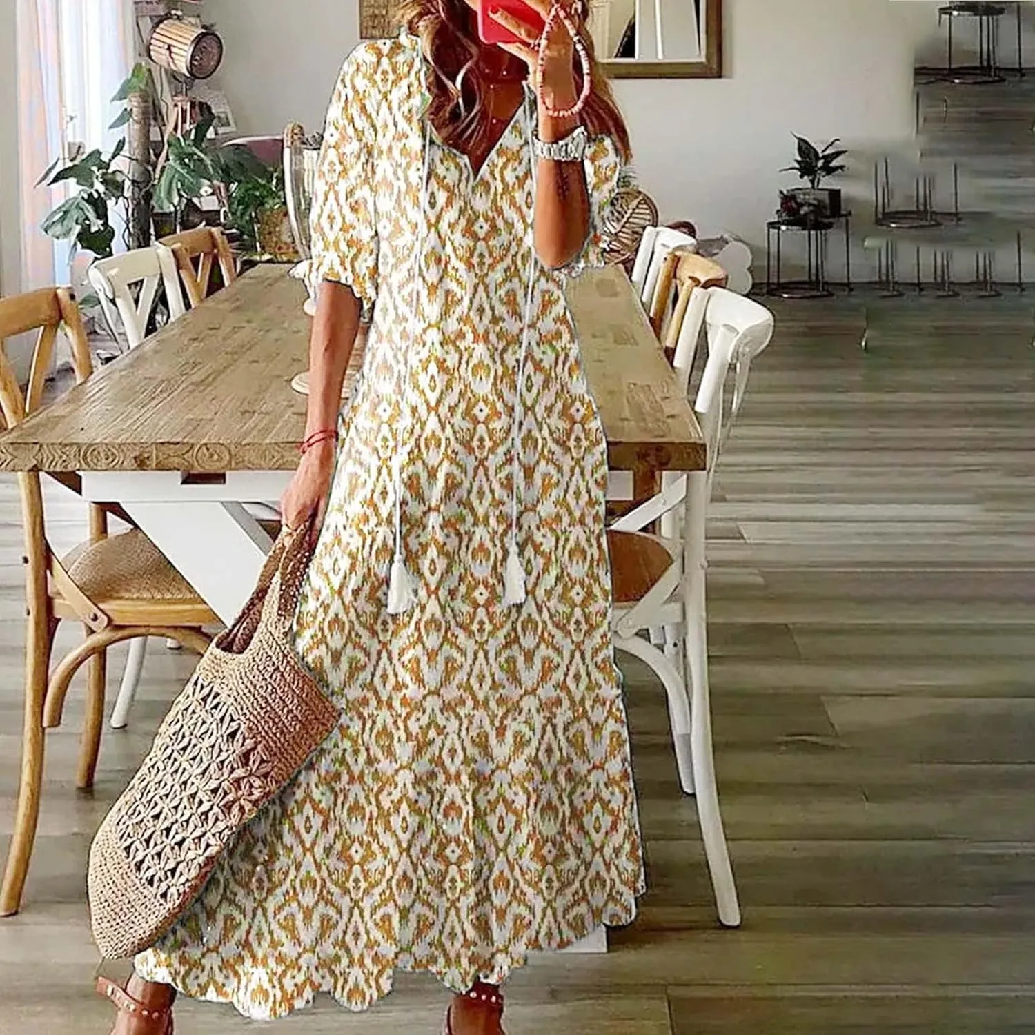 Dresses for Women 2025 Loose Floral Half Sleeve V Neck Maxi Dress Drawstring Long Flowy Dress Flowy Boho Beach Dresses
