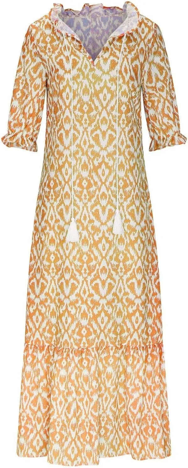 Dresses for Women 2025 Loose Floral Half Sleeve V Neck Maxi Dress Drawstring Long Flowy Dress Flowy Boho Beach Dresses