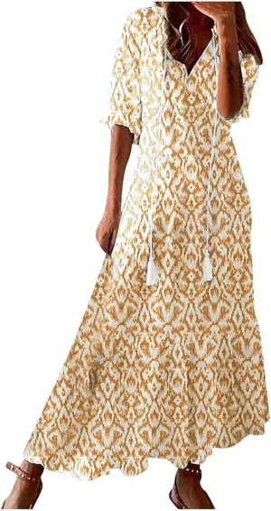 Dresses for Women 2025 Loose Floral Half Sleeve V Neck Maxi Dress Drawstring Long Flowy Dress Flowy Boho Beach Dresses