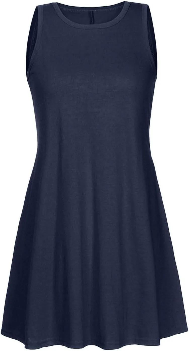 Dresses for Women Summer Sleeveless Casual Dress Solid Crewneck Sundresses Loose Midi Beach Clothes with Pocket