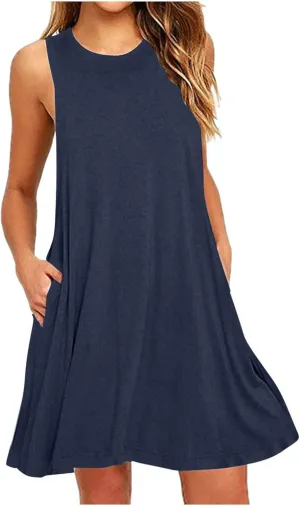 Dresses for Women Summer Sleeveless Casual Dress Solid Crewneck Sundresses Loose Midi Beach Clothes with Pocket