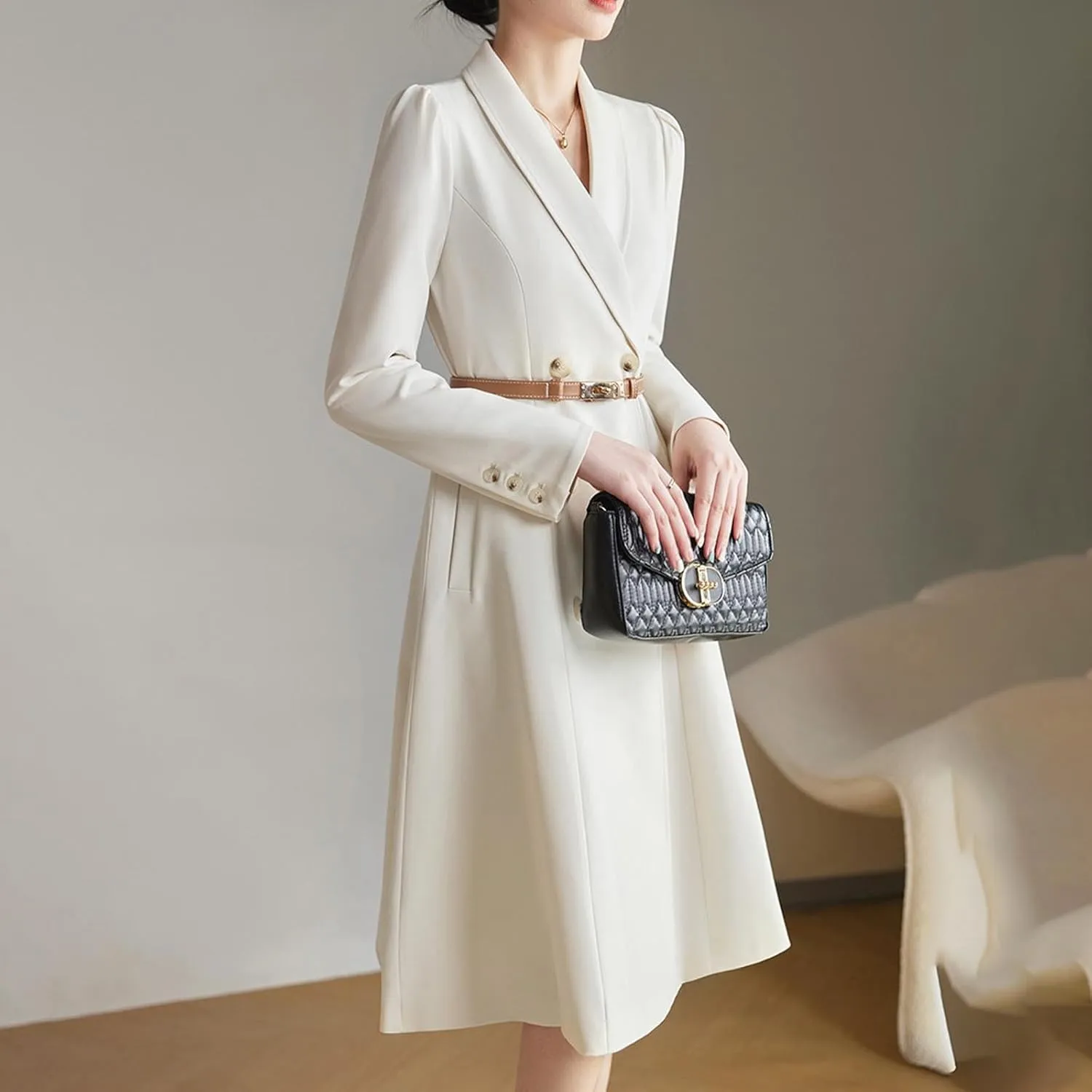 Dressy Blazer A-Line Dress Women Double Breasted Shawl Collar Business Midi Dress Long Sleeve High Waist Work Dress
