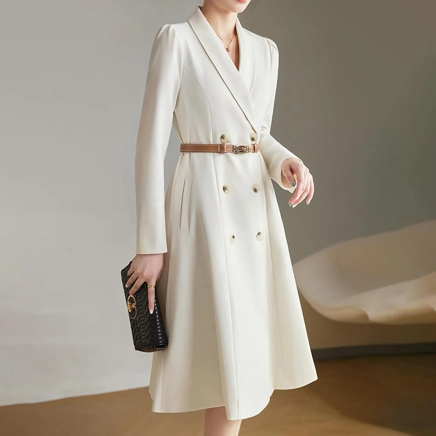 Dressy Blazer A-Line Dress Women Double Breasted Shawl Collar Business Midi Dress Long Sleeve High Waist Work Dress