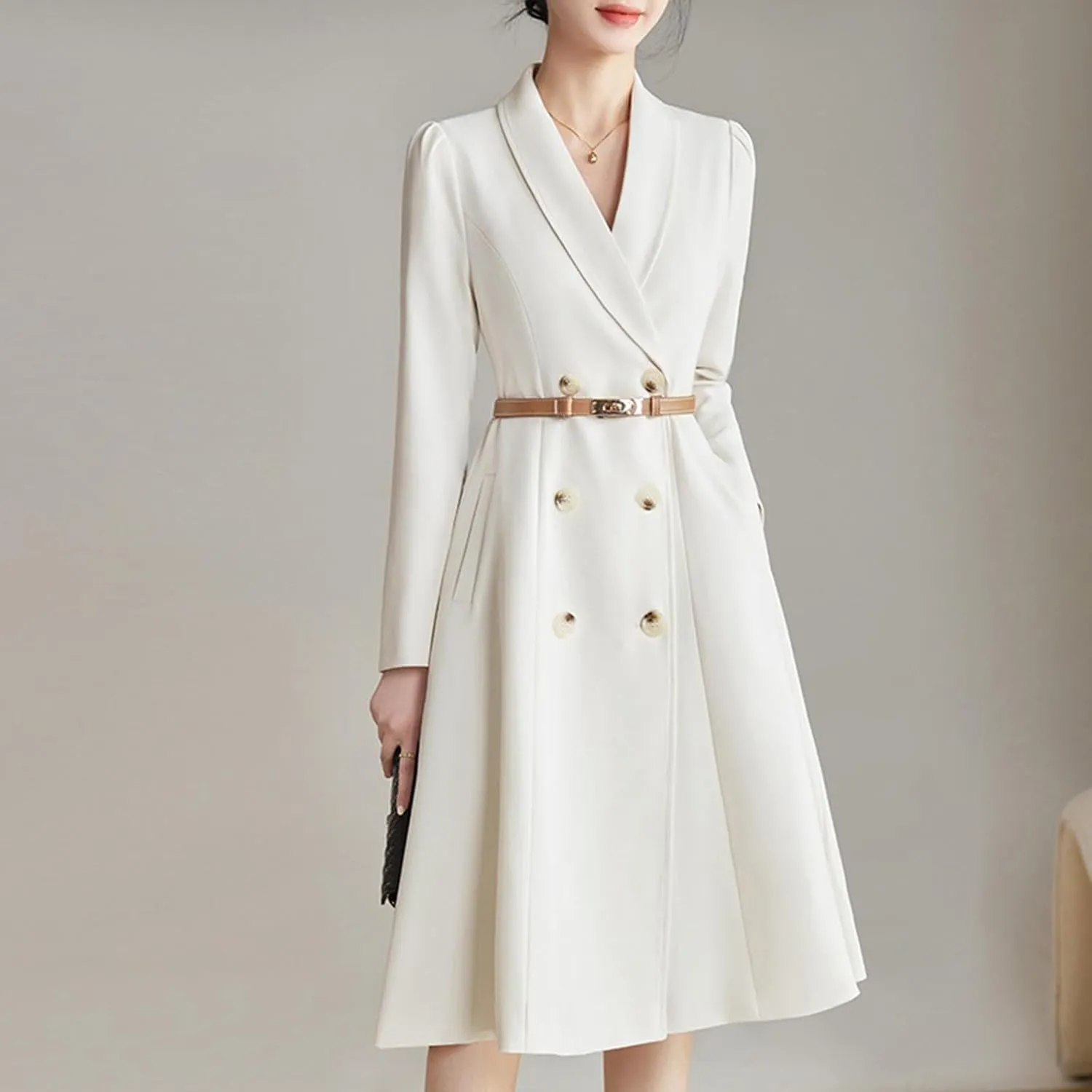 Dressy Blazer A-Line Dress Women Double Breasted Shawl Collar Business Midi Dress Long Sleeve High Waist Work Dress