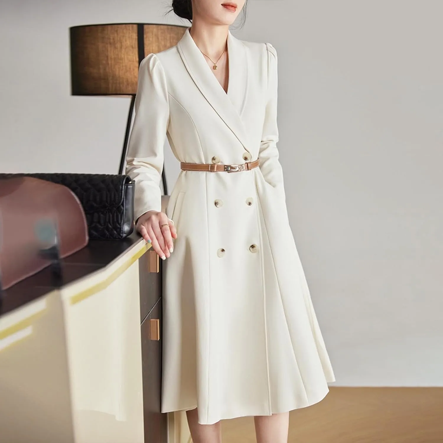 Dressy Blazer A-Line Dress Women Double Breasted Shawl Collar Business Midi Dress Long Sleeve High Waist Work Dress