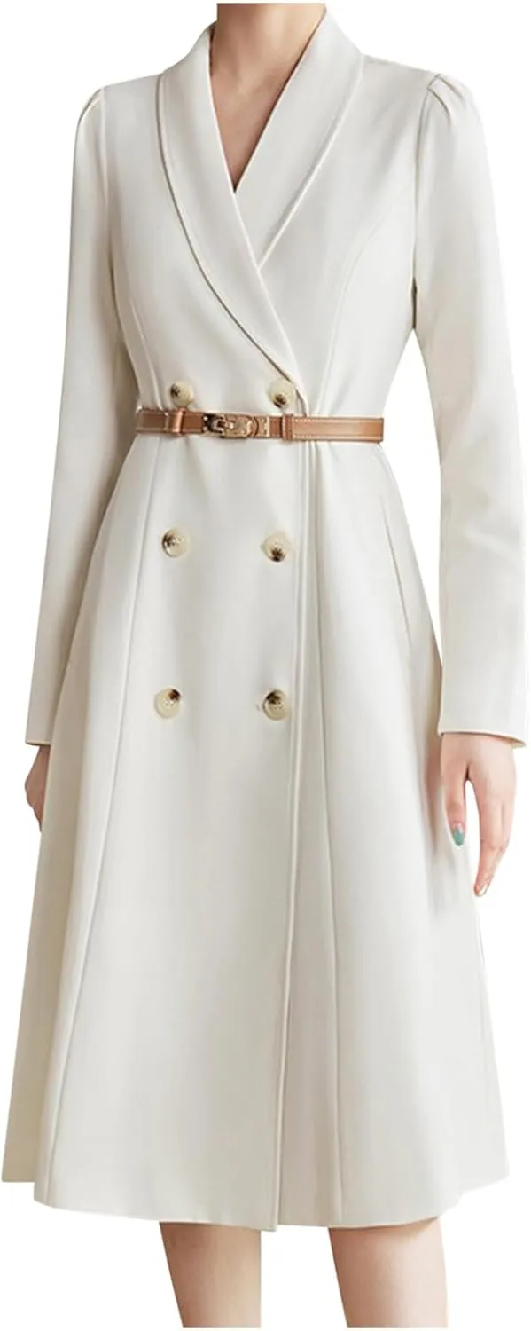 Dressy Blazer A-Line Dress Women Double Breasted Shawl Collar Business Midi Dress Long Sleeve High Waist Work Dress
