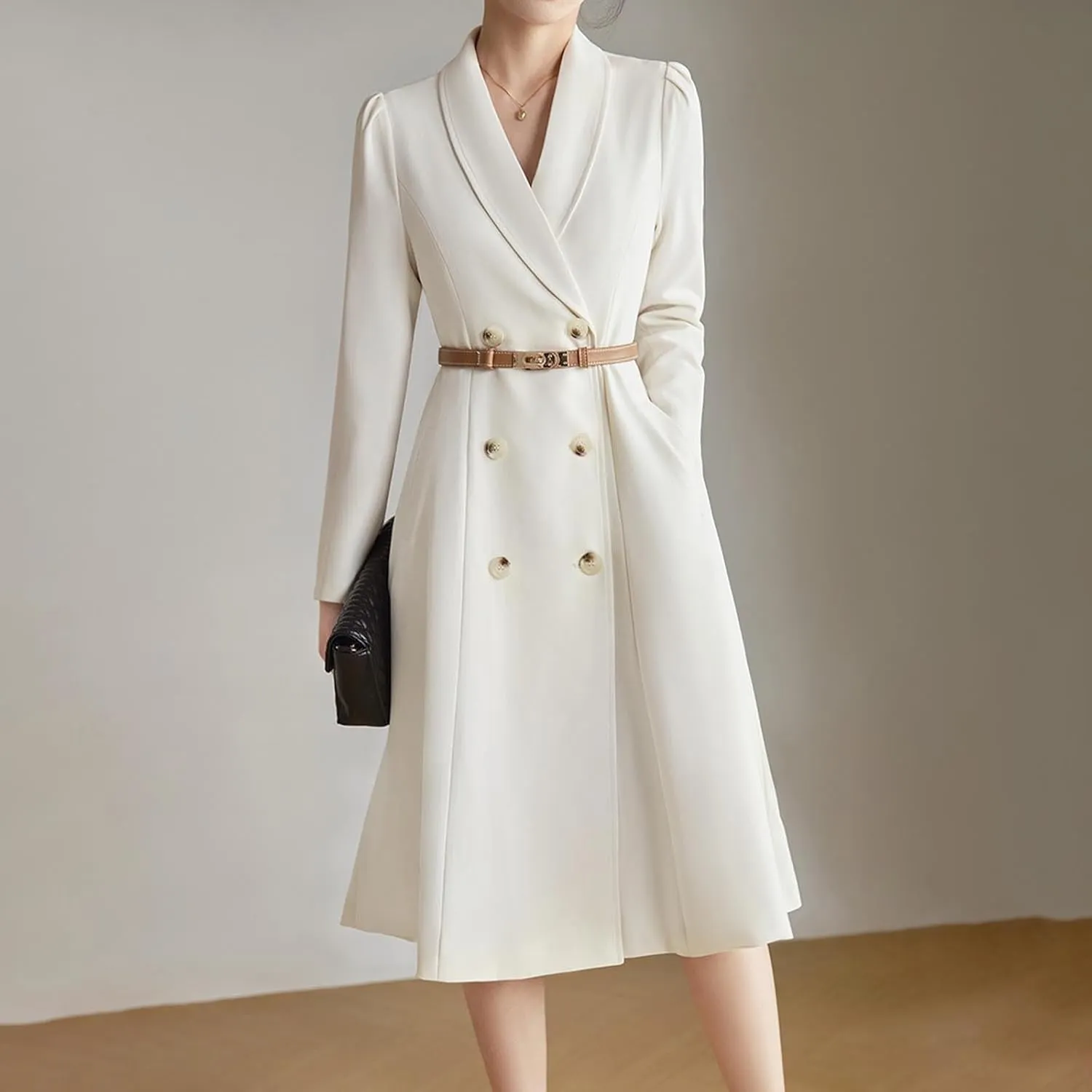 Dressy Blazer A-Line Dress Women Double Breasted Shawl Collar Business Midi Dress Long Sleeve High Waist Work Dress