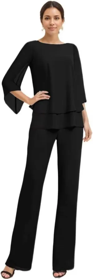 Dressy Mother of The Bride Pant Suits for Wedding Chiffon 2 Piece Evening Outfits Women Formal Pantsuits with Sleeve