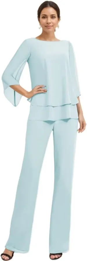 Dressy Mother of The Bride Pant Suits for Wedding Chiffon 2 Piece Evening Outfits Women Formal Pantsuits with Sleeve