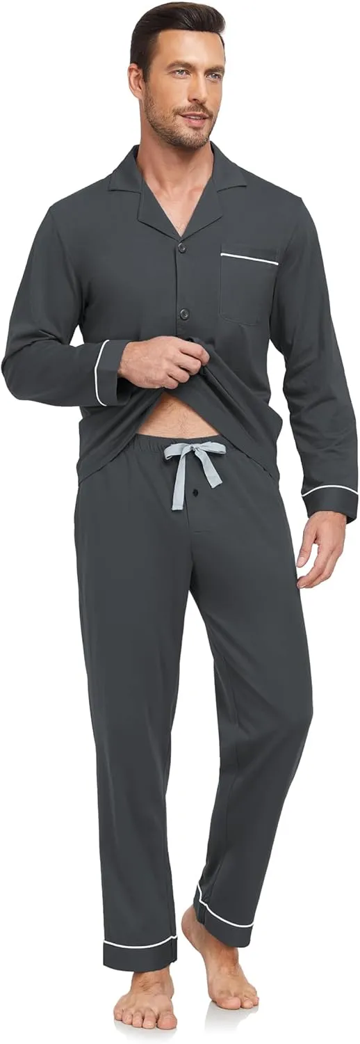 EA'S SECRET Men's 100% Cotton Pajamas Sets Long Sleeve Top and Pants Button Down Sleepwear Loungewear with Pockets S-XL