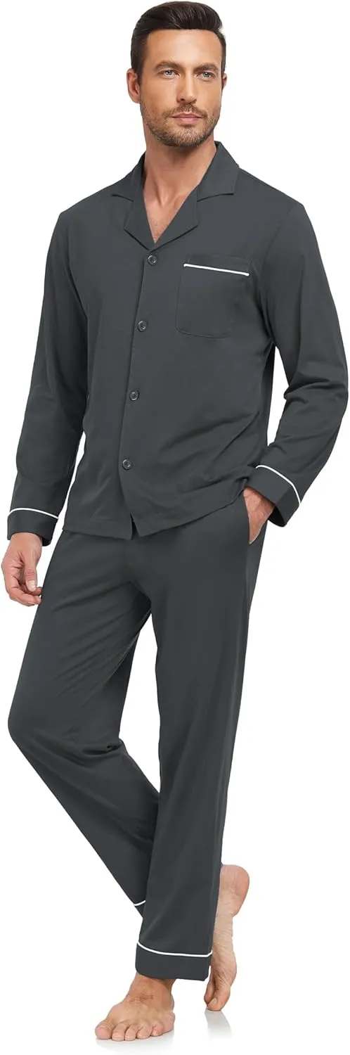 EA'S SECRET Men's 100% Cotton Pajamas Sets Long Sleeve Top and Pants Button Down Sleepwear Loungewear with Pockets S-XL