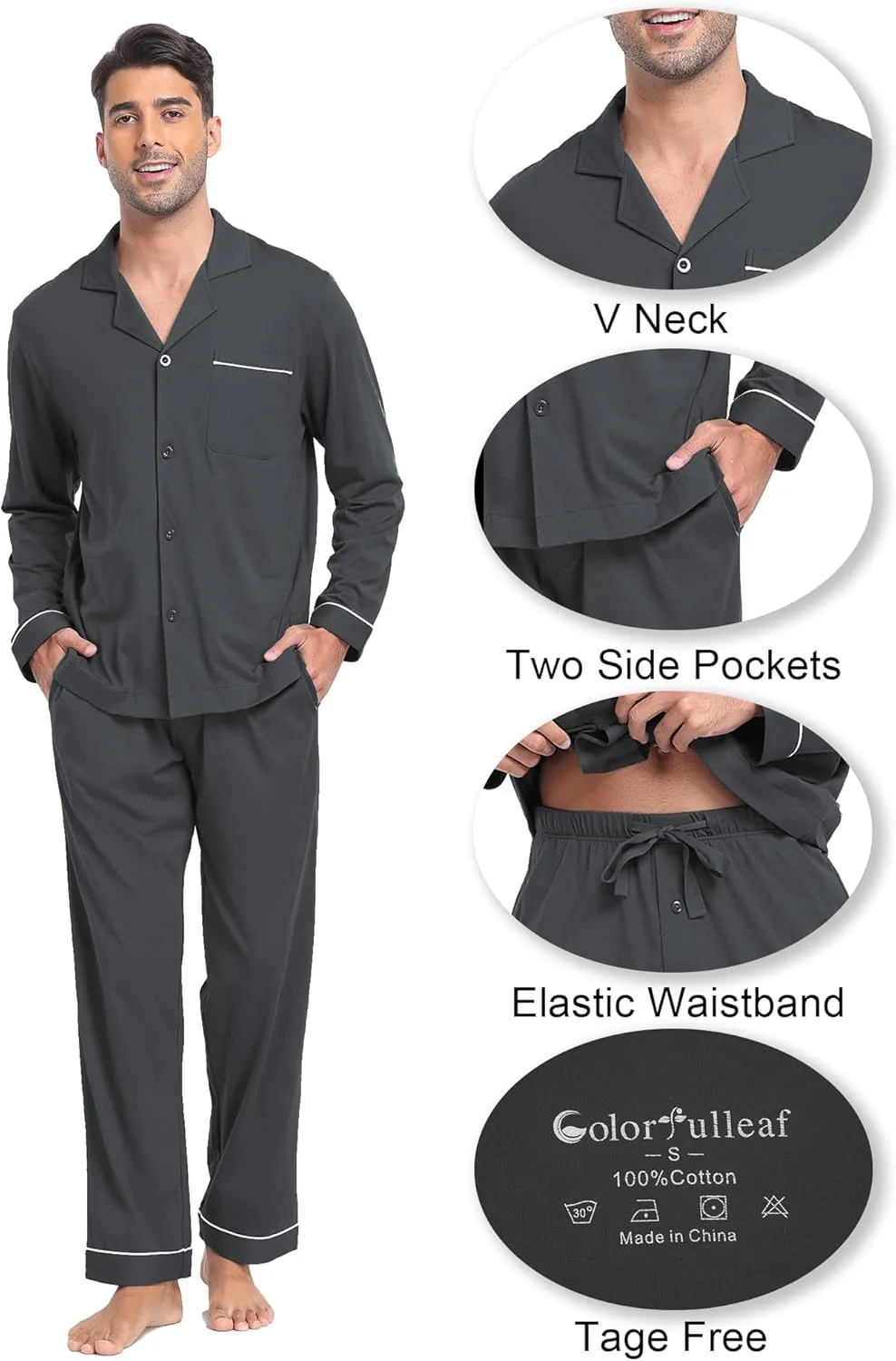 EA'S SECRET Men's 100% Cotton Pajamas Sets Long Sleeve Top and Pants Button Down Sleepwear Loungewear with Pockets S-XL