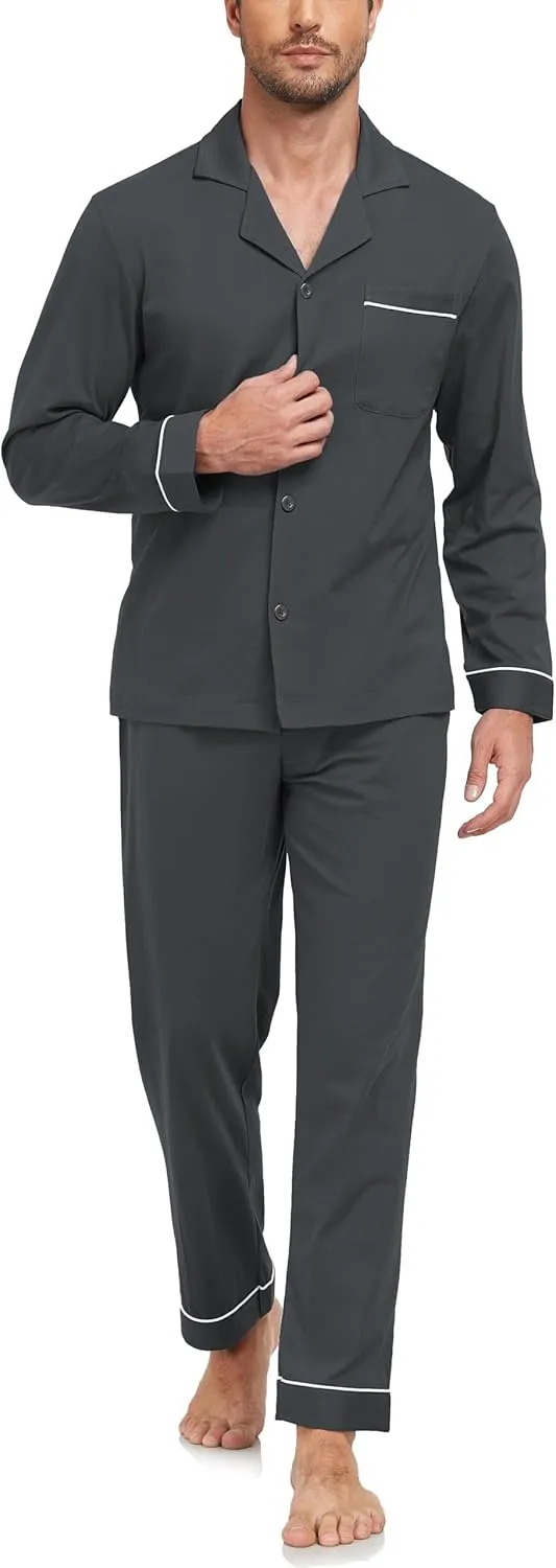 EA'S SECRET Men's 100% Cotton Pajamas Sets Long Sleeve Top and Pants Button Down Sleepwear Loungewear with Pockets S-XL