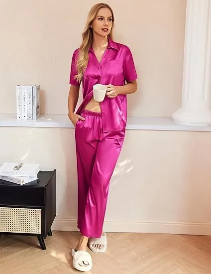 Ekouaer Womens Silk Satin Pajamas Set Button Down 2 Piece Pjs Wide Leg Long Pants Sleepwear Lounge Set with Pockets