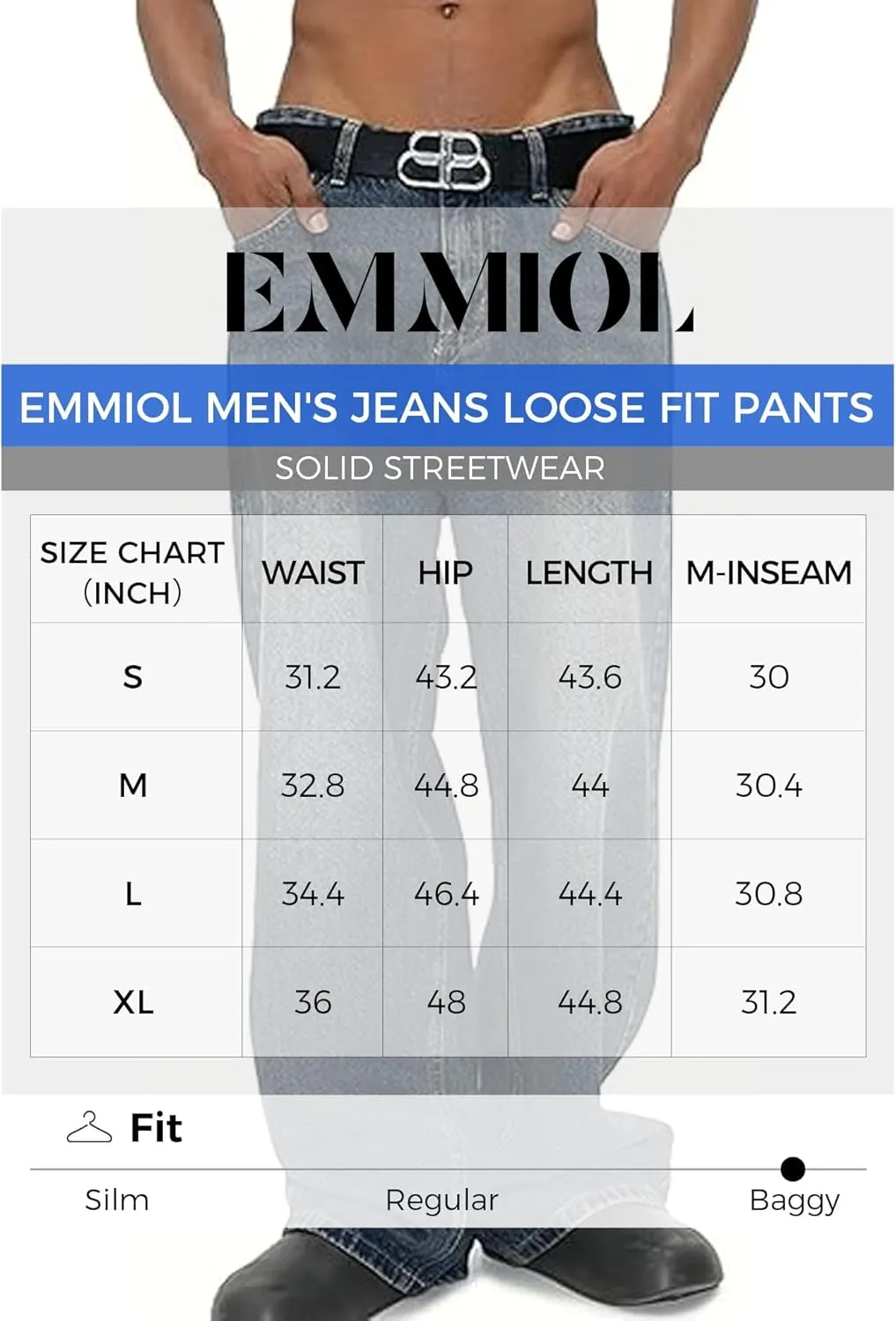 EMMIOL Mens Baggy Hip Hop Jeans Y2k Casual Wide Leg Pants Loose Fit Denim Skater Vintage Streetwear 90s