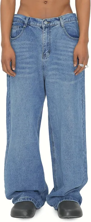 EMMIOL Mens Baggy Hip Hop Jeans Y2k Casual Wide Leg Pants Loose Fit Denim Skater Vintage Streetwear 90s