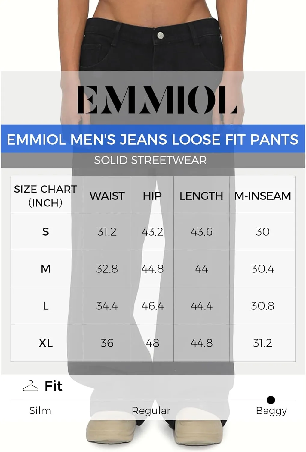 EMMIOL Mens Baggy Hip Hop Jeans Y2k Casual Wide Leg Pants Loose Fit Denim Skater Vintage Streetwear 90s