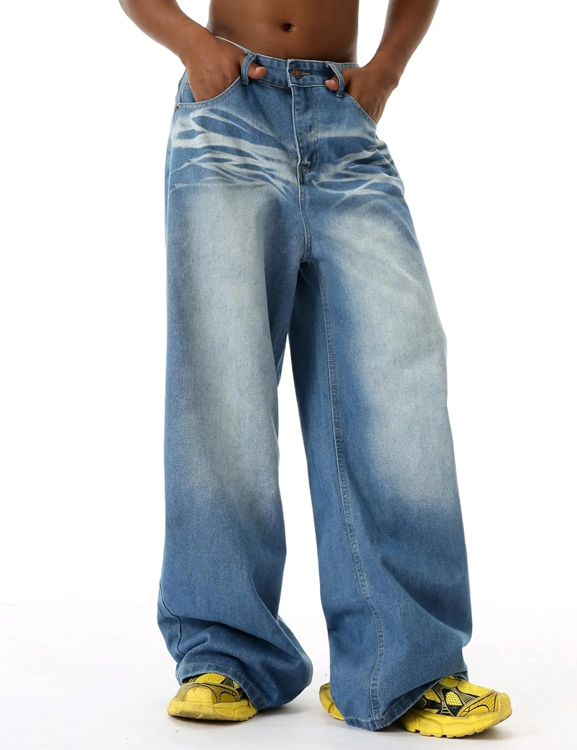 EMMIOL Mens Baggy Hip Hop Jeans Y2k Casual Wide Leg Pants Loose Fit Denim Skater Vintage Streetwear 90s