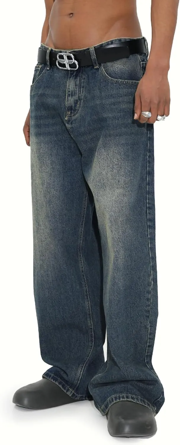 EMMIOL Mens Baggy Hip Hop Jeans Y2k Casual Wide Leg Pants Loose Fit Denim Skater Vintage Streetwear 90s