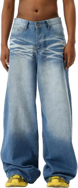 EMMIOL Mens Baggy Hip Hop Jeans Y2k Casual Wide Leg Pants Loose Fit Denim Skater Vintage Streetwear 90s